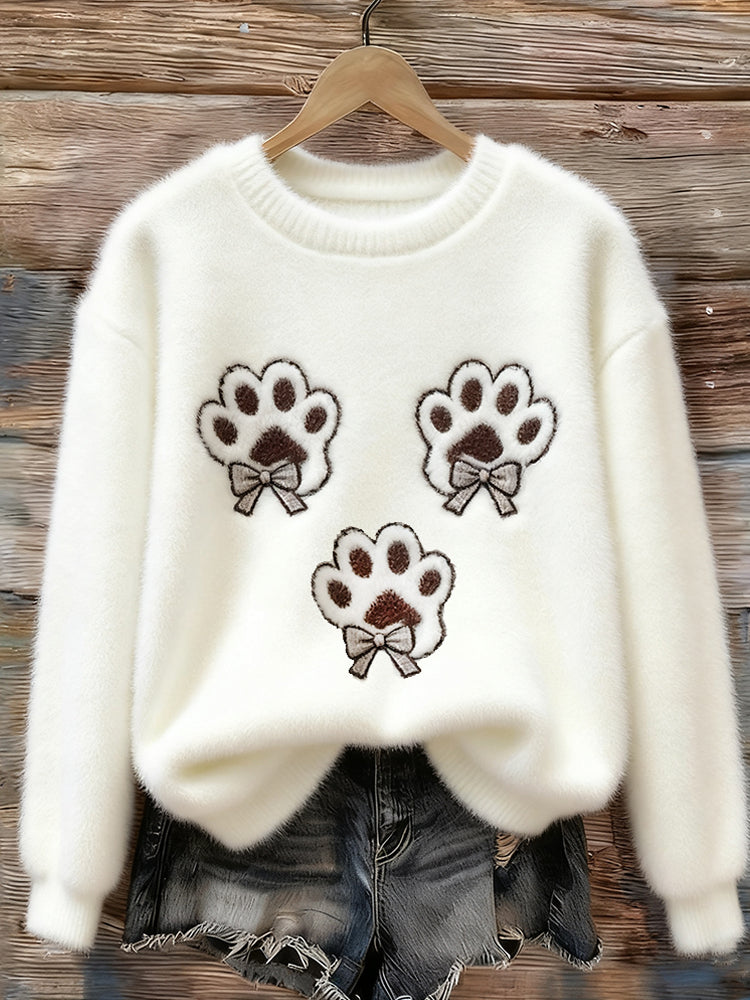 Comstylish Cat Paw Print Flannel Crew Neck Sweatshirt