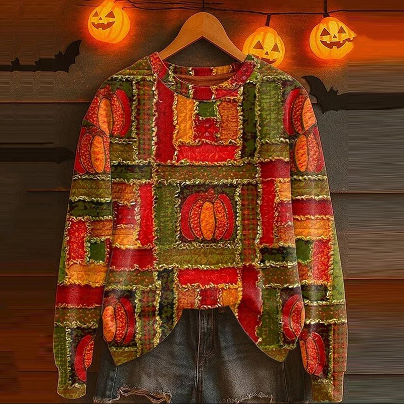 Comstylish Halloween Pumpkin Patchwork Casual Crew Neck Sweatshirt