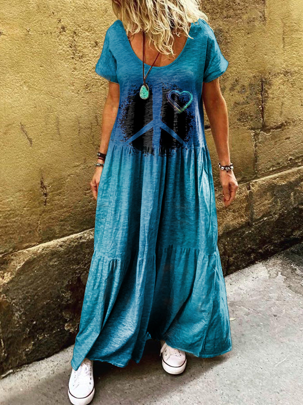 Women's Hippie Art Print Pocket Short Sleeve Cotton Dress