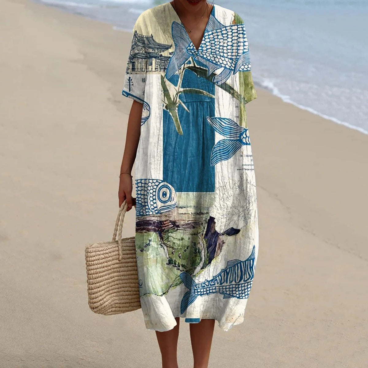 Comstylish Women's Fish Art Cartoon Pattern Art Print Casual Midi Dress