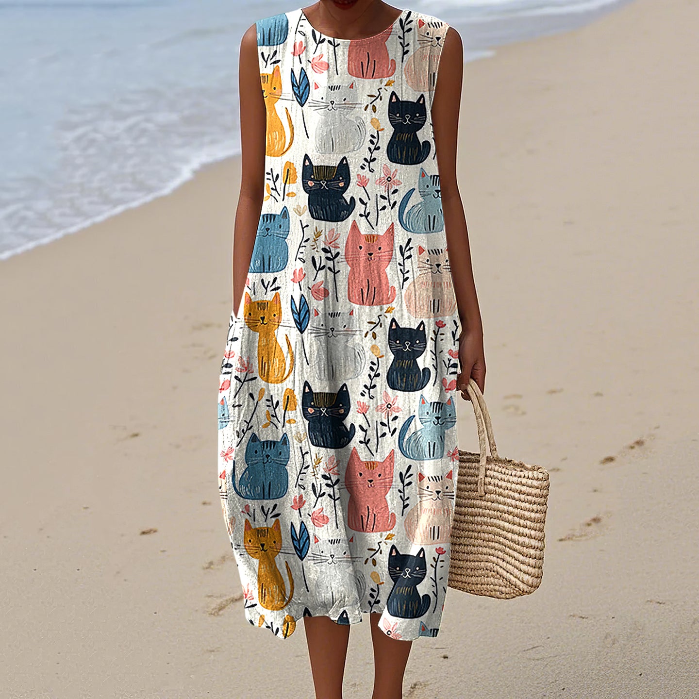 Women's Vintage Cute Cat Flowers Art Linen Tank Midi Dress artswardrobe