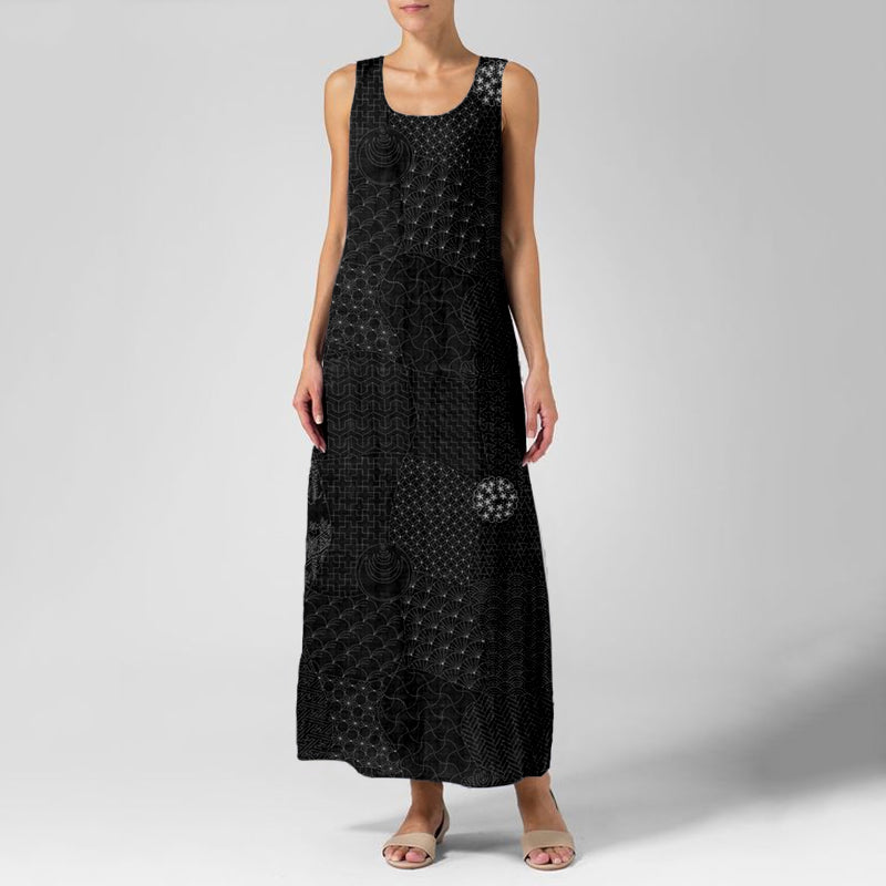 Comstylish Vintage Japanese Traditional Sashiko Art Linen Maxi Dress