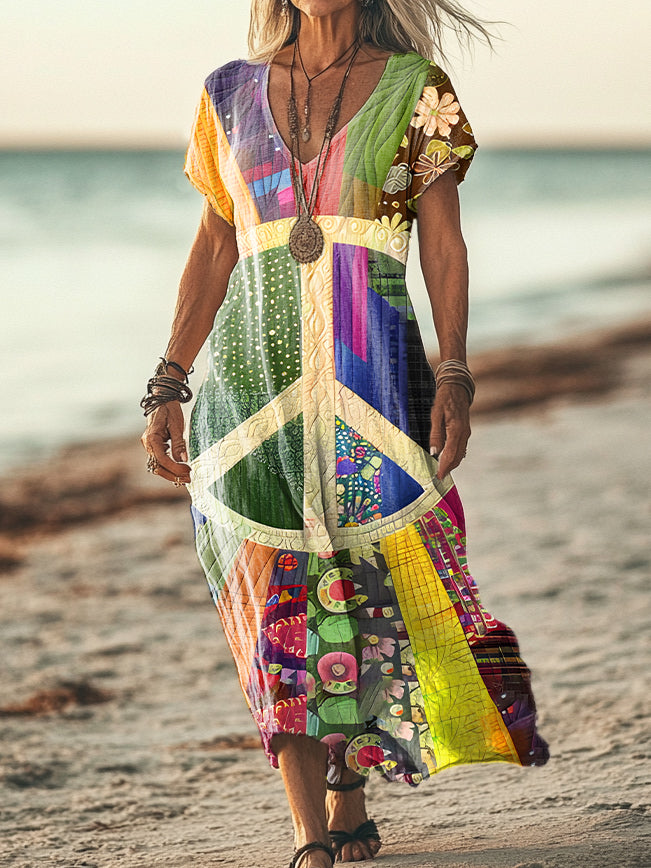 Women's Retro Peace Pattern Art Print Pocket Cotton Dress