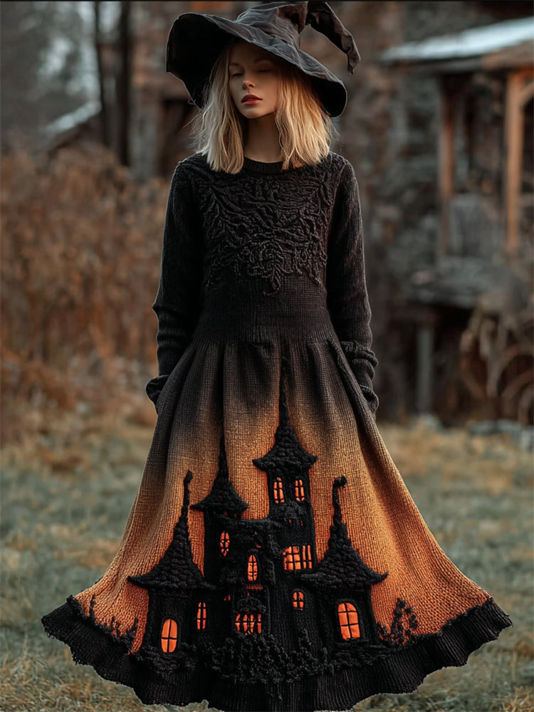 Halloween Vintage Castle Gradient Cozy Knit Maxi Sweater Dress artswardrobe