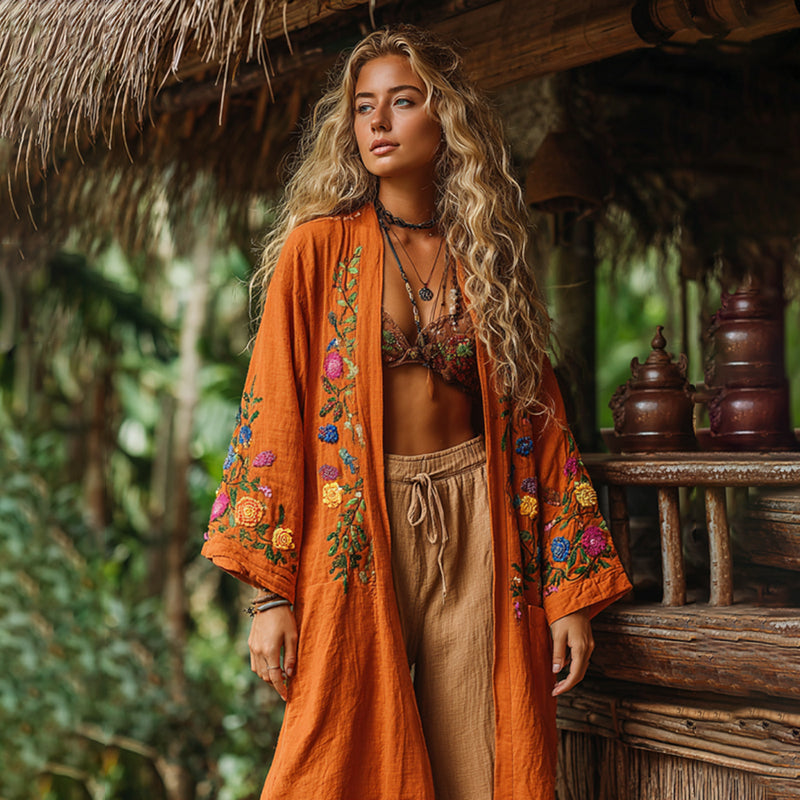 Comstylish Retro Bohemian Floral Art Embroidery Print Cotton And Linen Blend Midi-length Kimono Cardigan