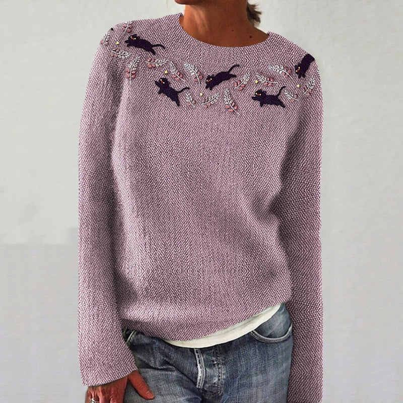 Cute Black Cat Prints Embroidered Cozy Knit Sweater elevenforest