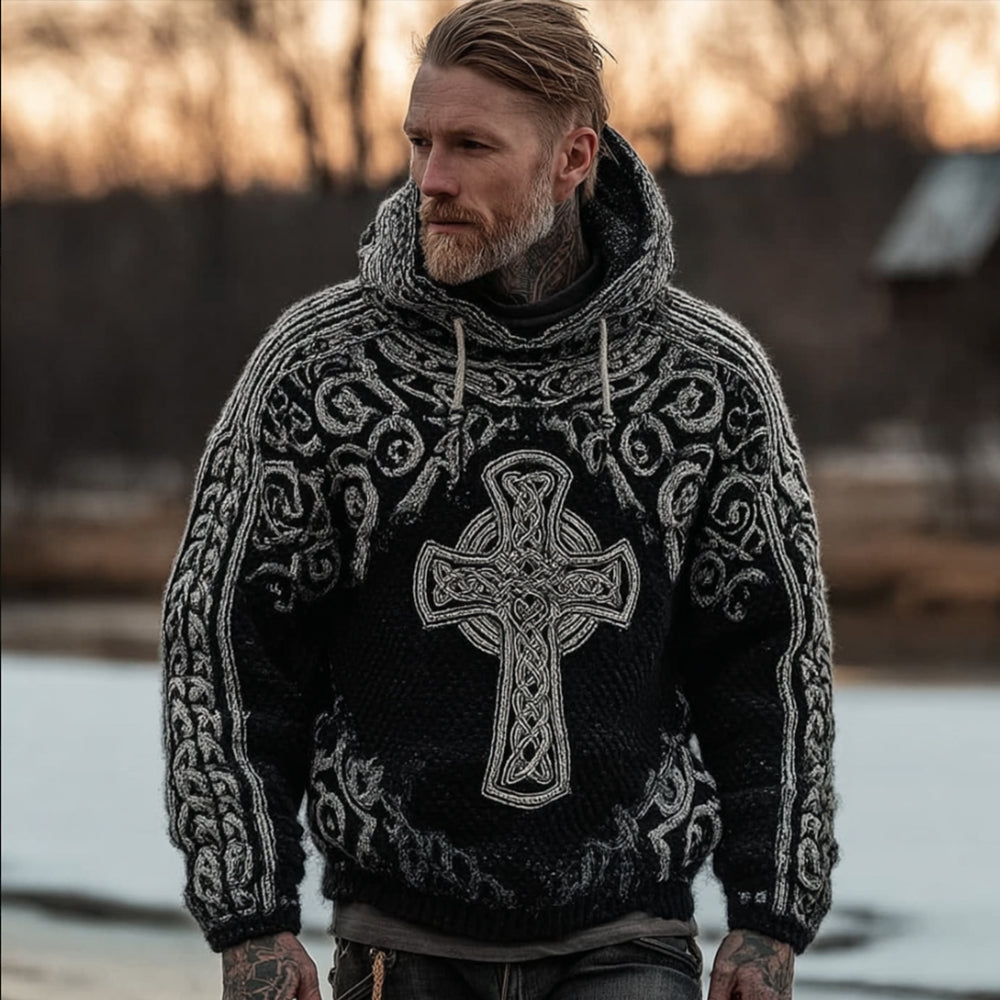 Men's Viking Style Celtic Cross Vintage Hooded Sweater artswardrobe