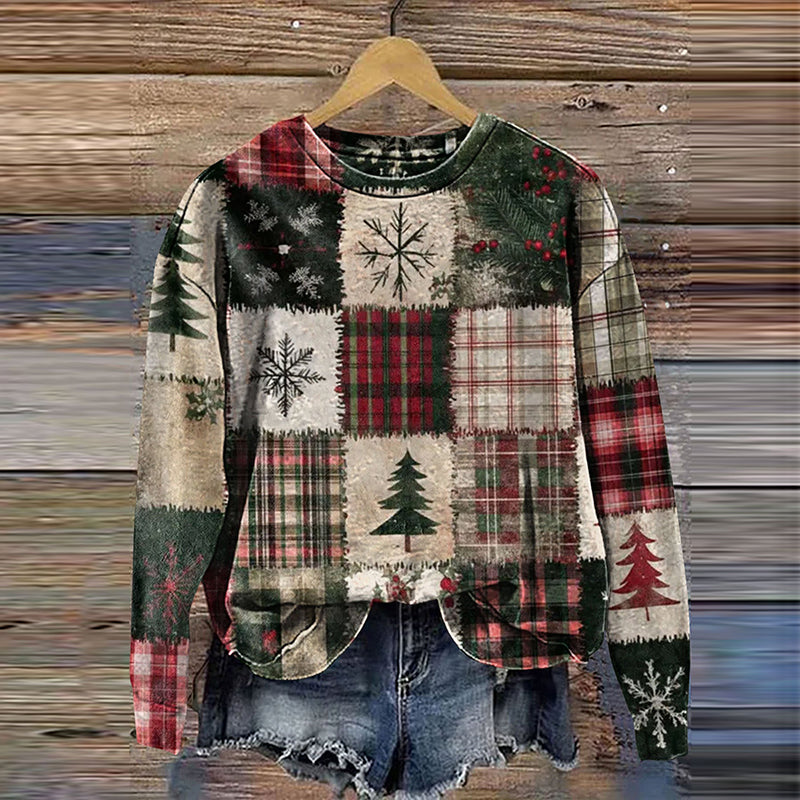 Comstylish Retro Christmas Patchwork Art Print Casual Sweatshirt
