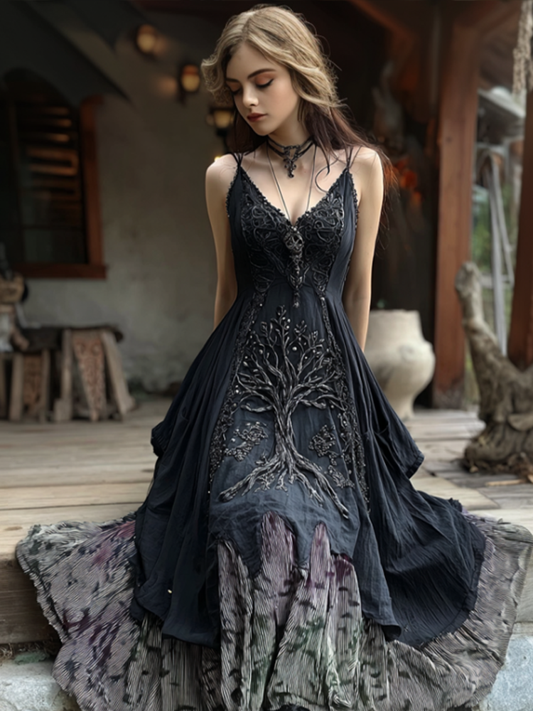 Comstylish Women's Dark Gothic Style Retro Cotton And Linen Dress