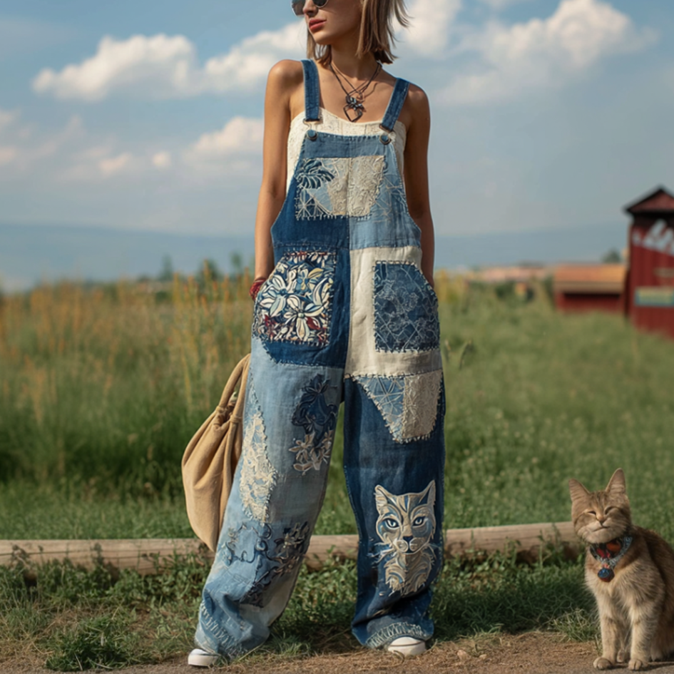 Comstylish Japanese Art Style Cat And Plant Flower Pattern Embroidery Women's Cotton And Linen Overalls