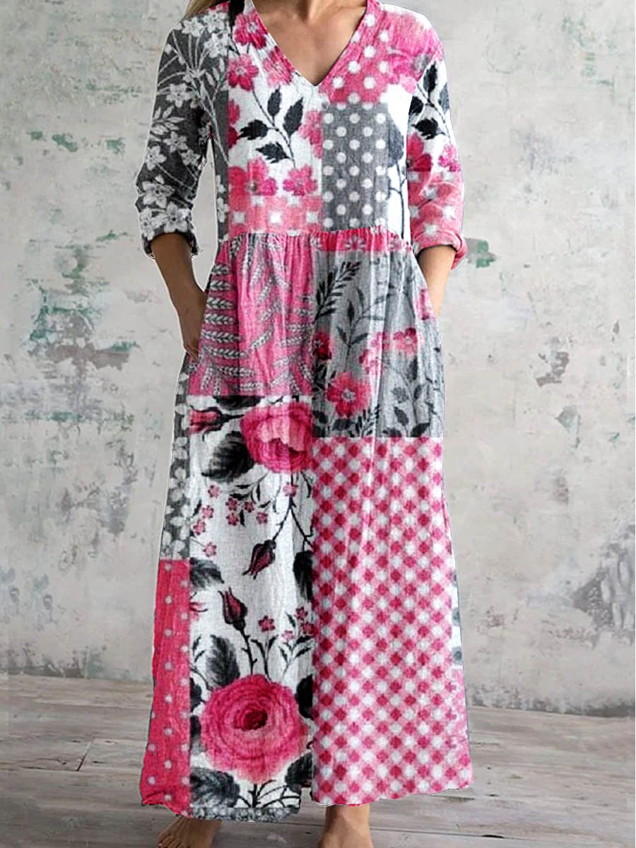 Women's V-Neck Vintage Geometric Rose Floral Print Dress with Pockets