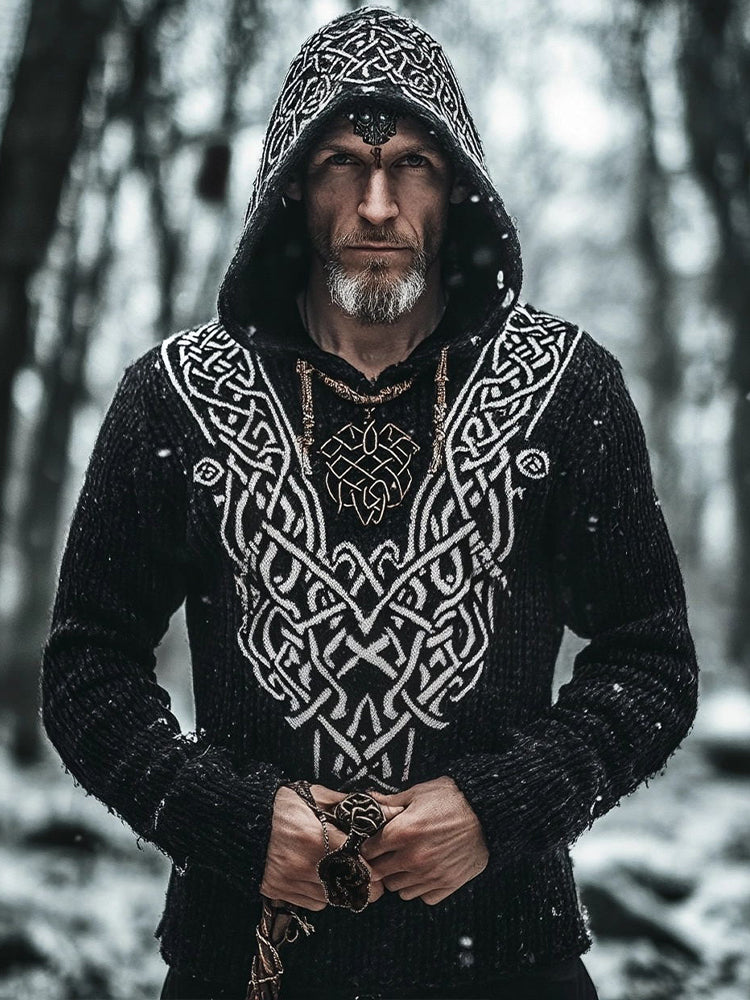 Men's Vintage Viking Inspired Jacquard Knit Hooded Sweater artswardrobe