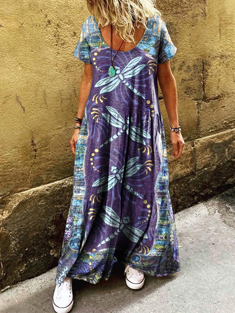 Women's Vintage Dragonfly Art Print Pocket Short Sleeve Cotton Dress
