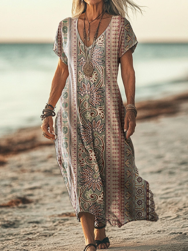 Women's Vintage Bohemian Floral Art Print Pocket Cotton Dress