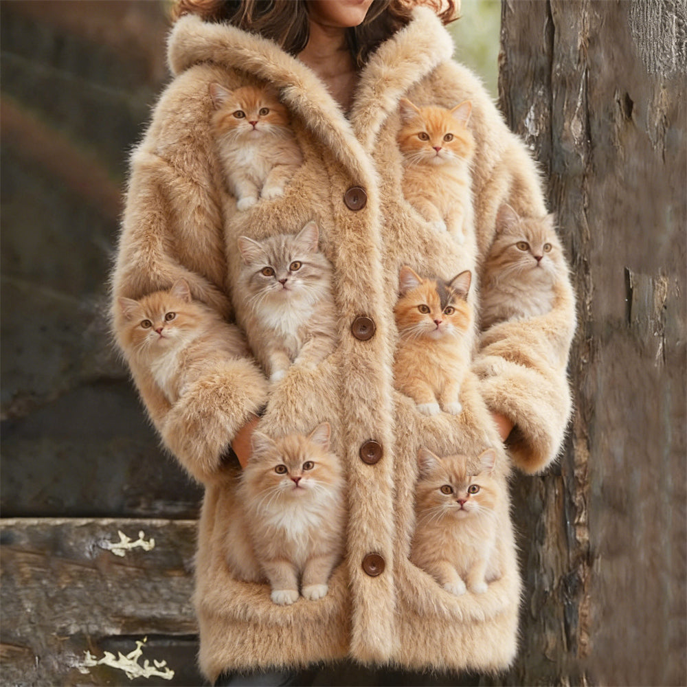 Comstylish Cute Plush Cats Art Women's Hooded Plush Cardigan