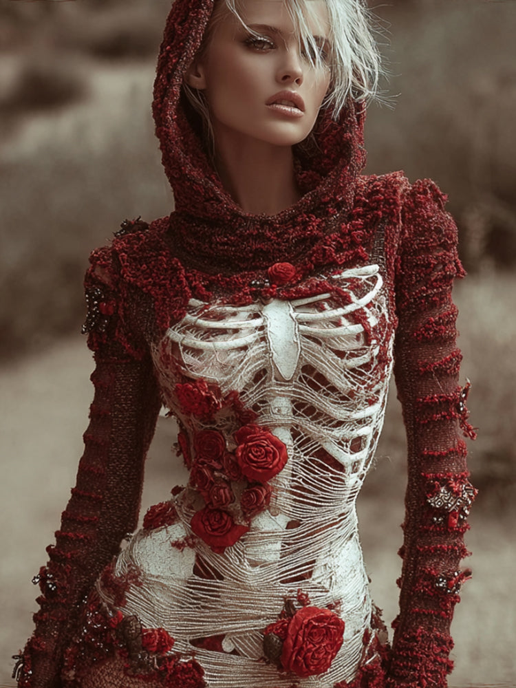 Comstylish Halloween Skeleton And Red Rose Mystery Bandage Dress