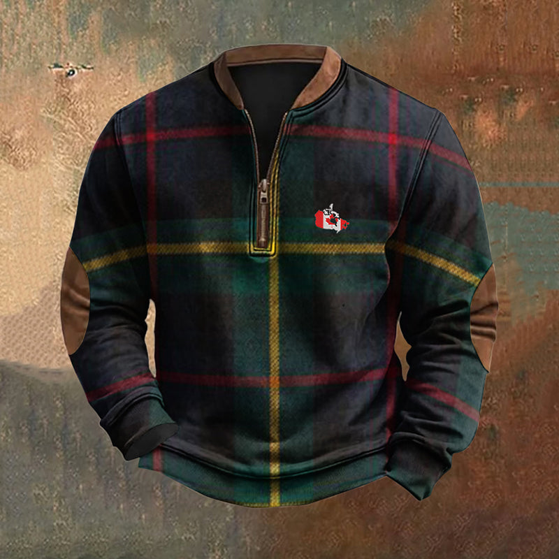 Men's Canada Flag Map Embroidered Plaid Zip Collar Sweatshirt elevenforest
