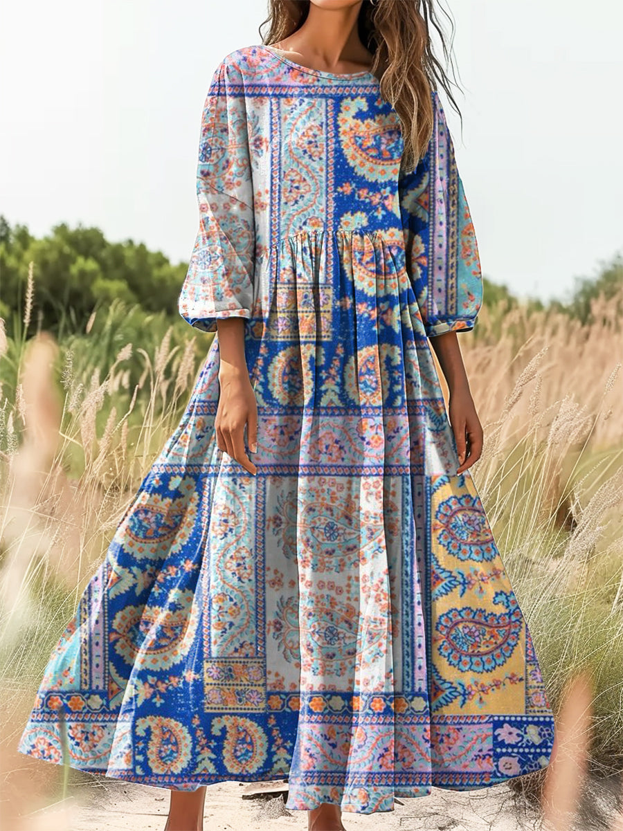 Women's Vintage Ethnic Floral Art Print Flowy Cotton Crew Neck Dress