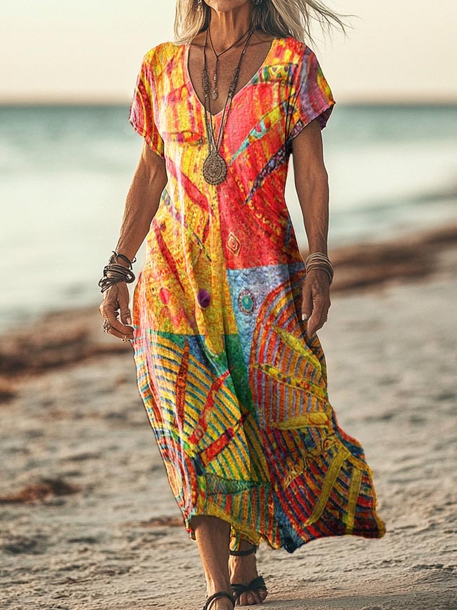 Women's Bohemian Sun Collage Art Pattern Print Pocket Cotton Dress