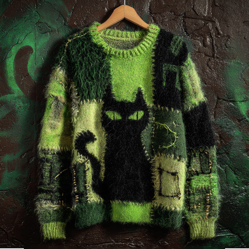 Women's Casual Vintage Halloween Black Cat Embroidered Sweater artswardrobe