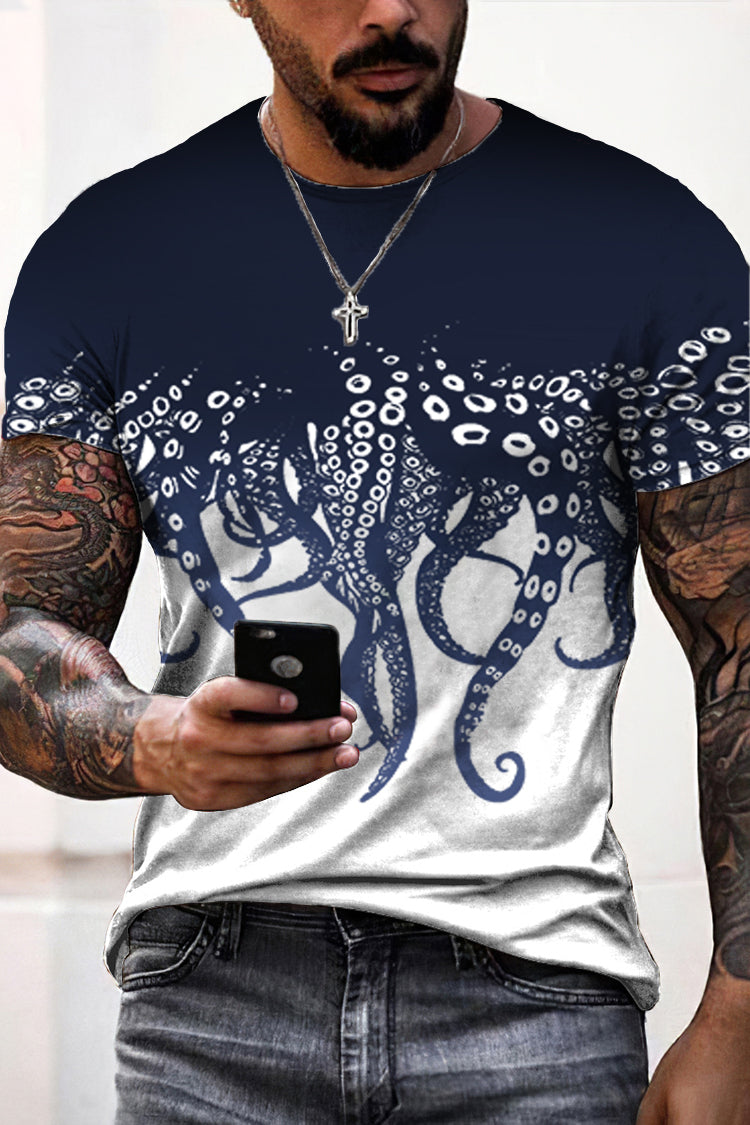 Comstylish Men's Casual Japanese Art Ocean Octopus Print T-shirt