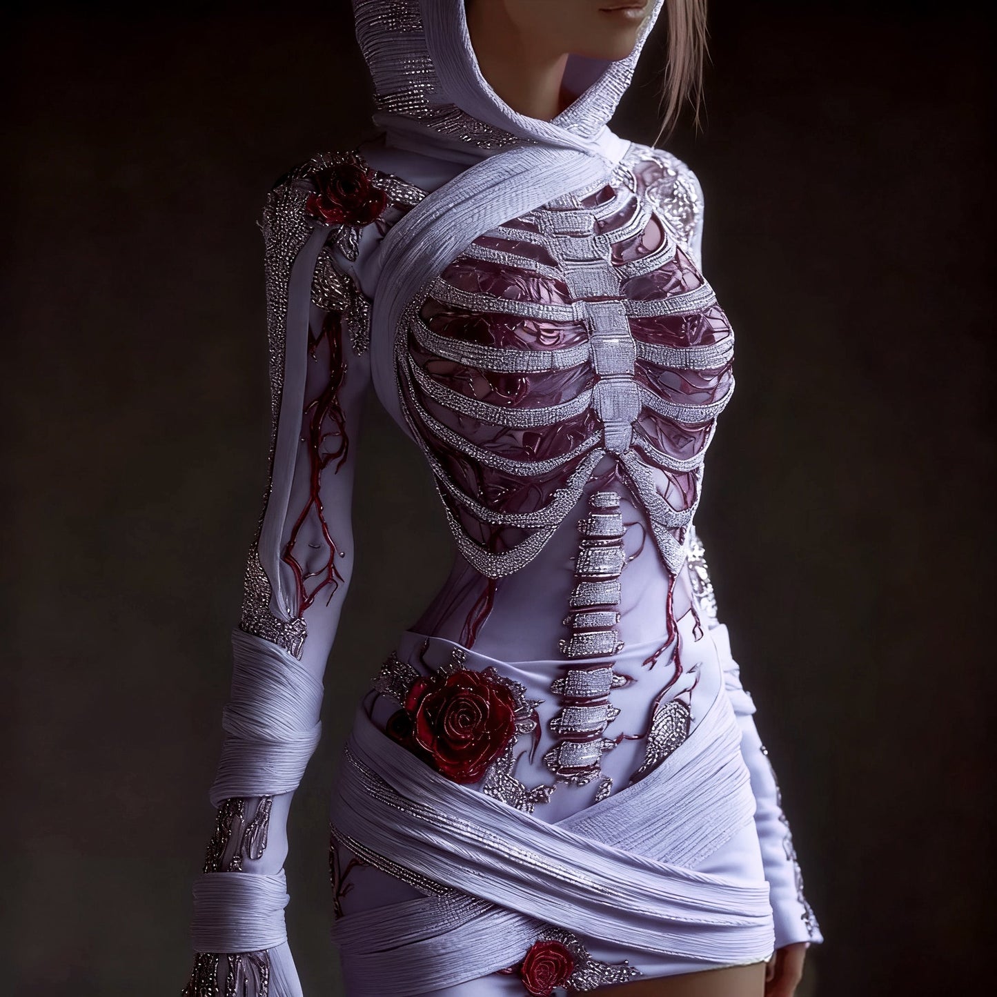 Women's Skeleton Roses Bandages Art Cozy Knit Hooded Mini Sweater Dress artswardrobe