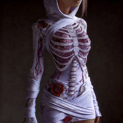 Women's Skeleton Roses Bandages Art Cozy Knit Hooded Mini Sweater Dress artswardrobe