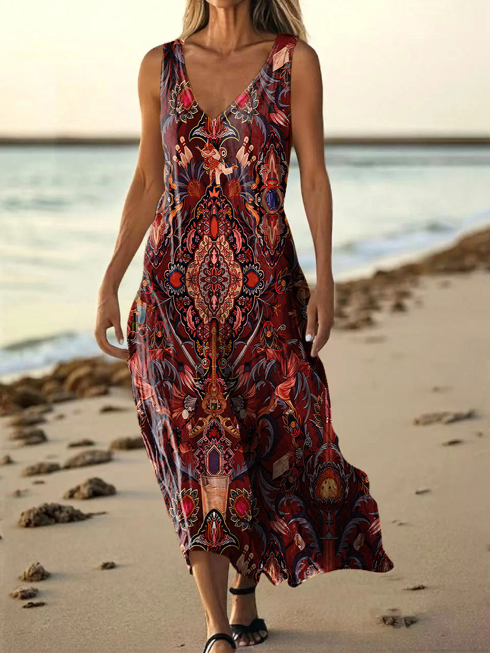 Women's Ethnic Totem Art Print Pocket V Neck Cotton Dress