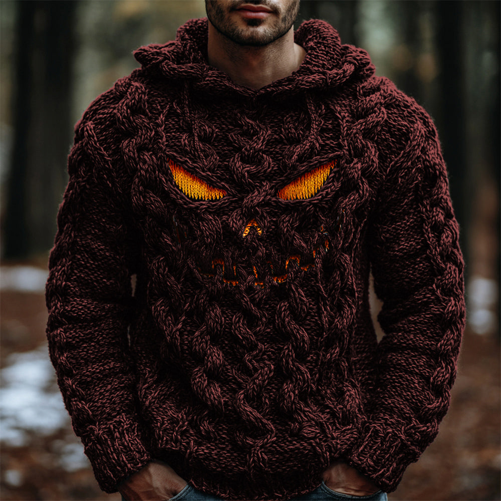 Halloween Evil Pumpkin Emoji Men's Chunky Knit Hooded Sweater artswardrobe