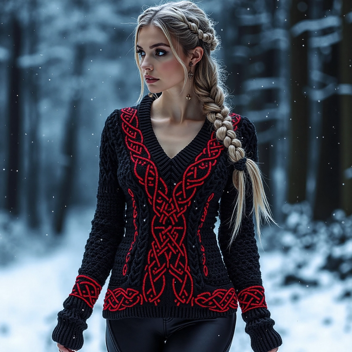 Women's Viking Celtic Knot Pattern V-neck Cozy Knit Sweater artswardrobe