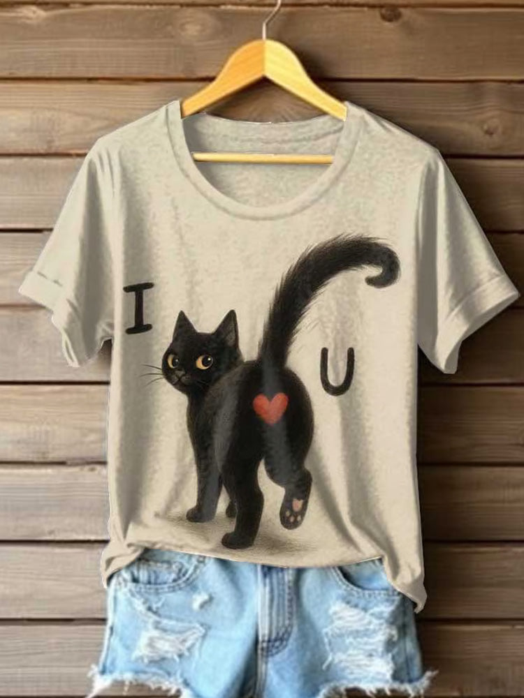 Comstylish Women's Retro Cat I Love You Print T-shirt