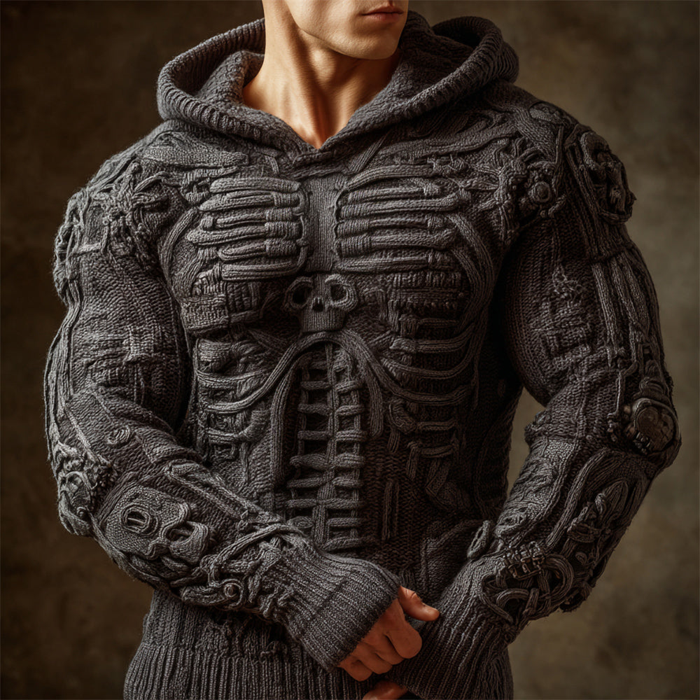 Halloween 3d Mechanical-style Skeleton Men's Hooded Knit Sweater artswardrobe