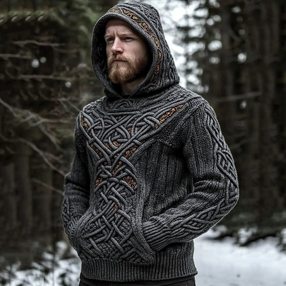 Men's Viking Jacquard Celtic Style Cozy Knit Hooded Sweater artswardrobe
