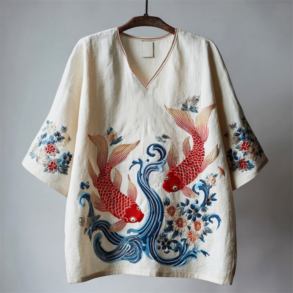 Comstylish Japanese Goldfish Wave Embroidery Women's Linen V-neck Shirt