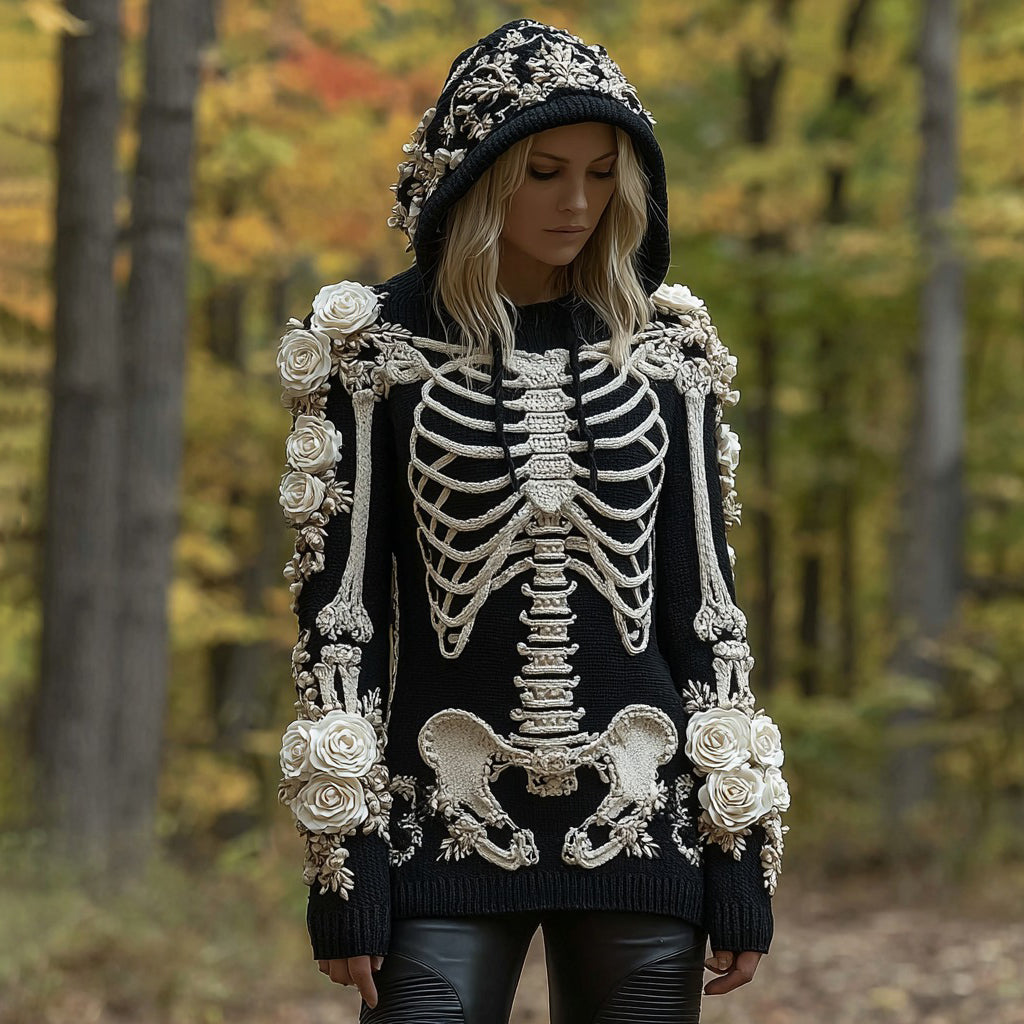 Comstylish Women's Vintage Skeleton Rose Art Knit Hooded Sweater