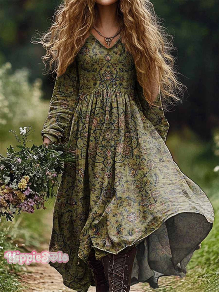 Women's Boho Floral Art Print Casual V-Neck Pocket Cotton Dress