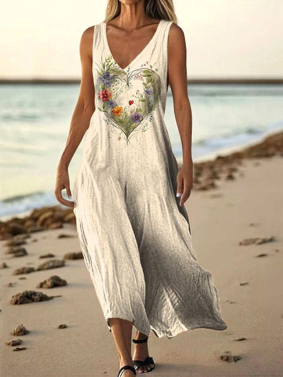 Women's Floral Heart Pattern Art Print Pocket Cotton Dresses