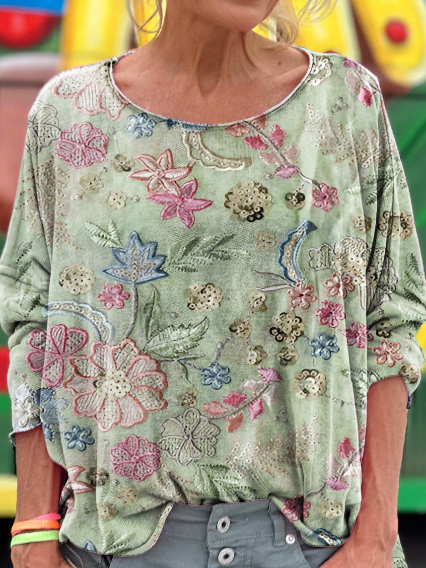 Women's Folk Floral Art Pattern Print Casual Long Sleeve T-shirt