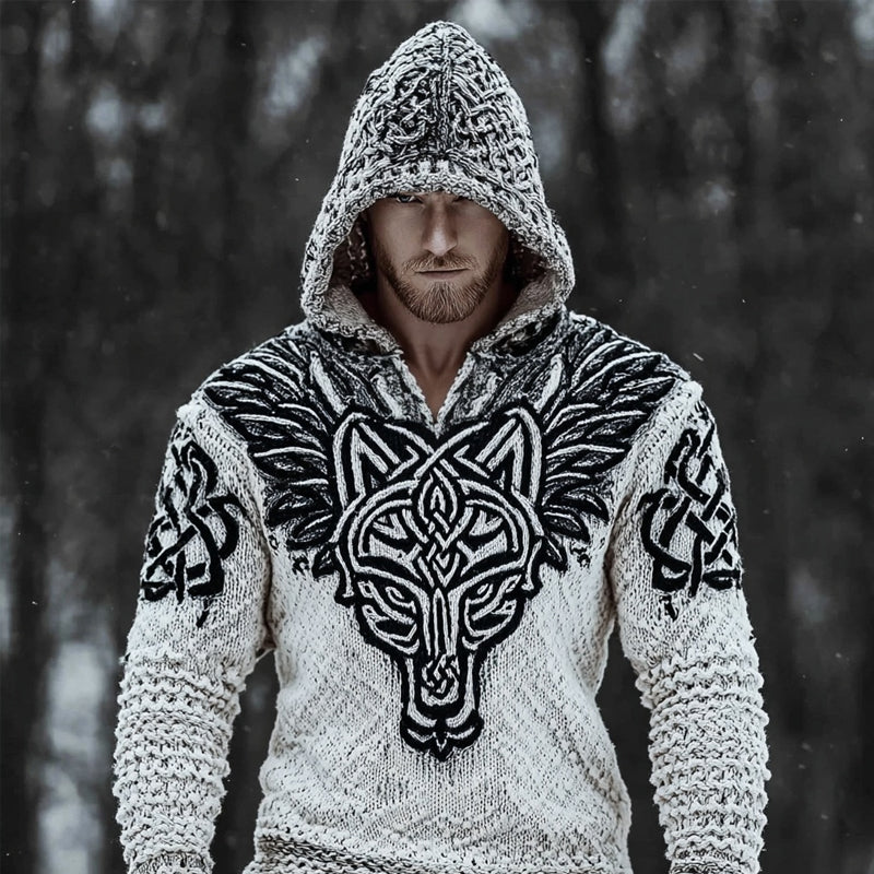 Men's Viking Celtic Wolf Inspired Cozy Knit Hooded Sweater artswardrobe