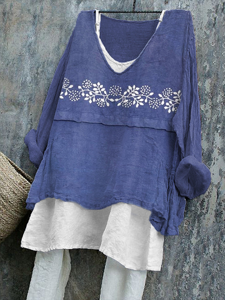 Comstylish Japanese Art Flower Embroidered Linen Shirt