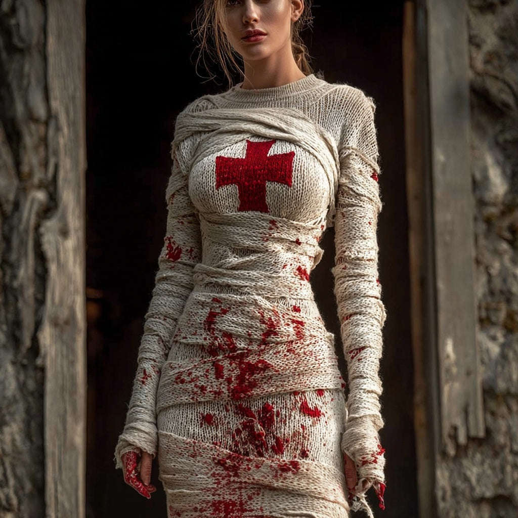 Spooky Bloody Bandages Cross Cozy Sweater Dress artswardrobe