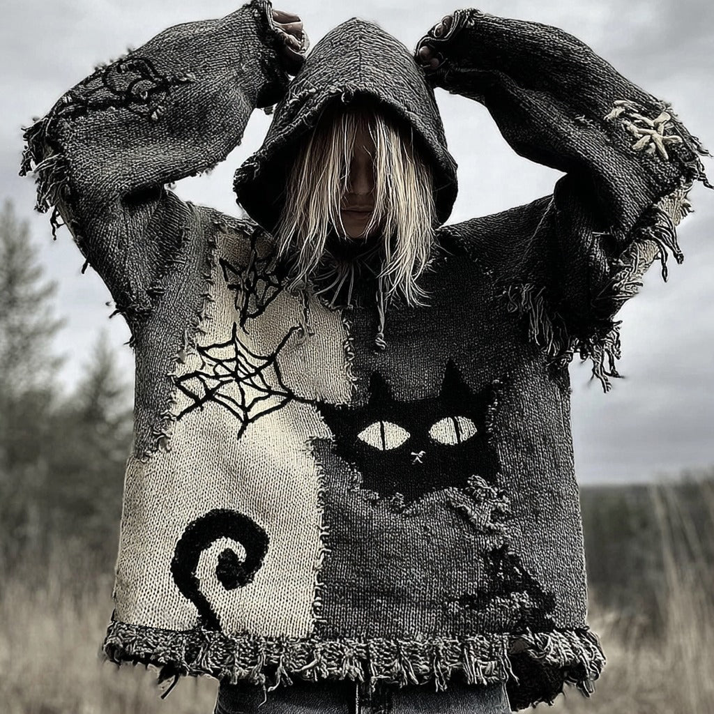 Halloween Scared Black Cat Patchwork Stitched Cozy Knit Hooded artswardrobe