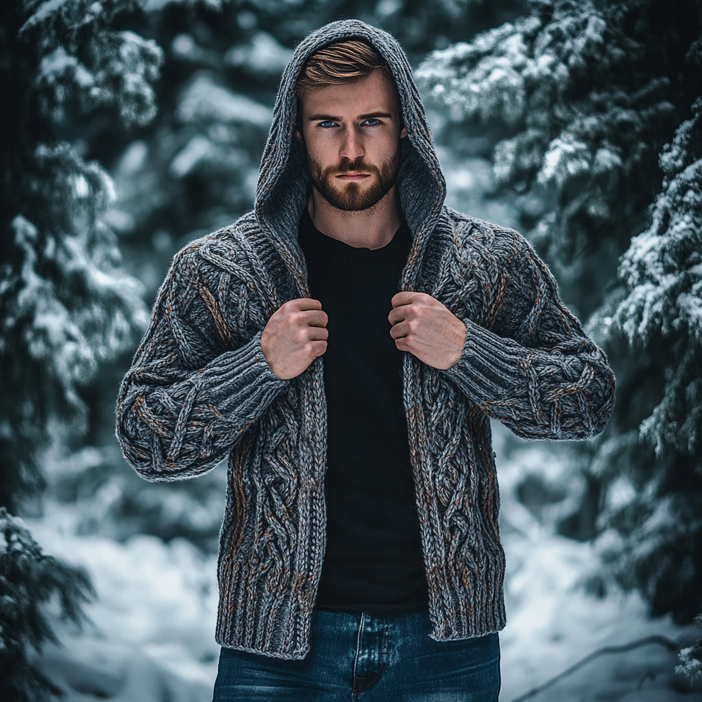 Men's Vintage Celtic Knot Jacquard Chunky Knit Cozy Zip Up Cardigan Sweater artswardrobe