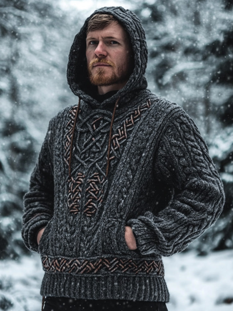 Men's Vintage Viking Inspired Celtic Jacquard Hooded Sweater artswardrobe