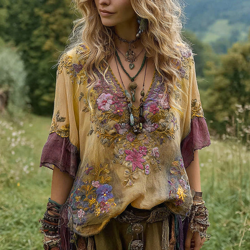 Women's Vintage Floral Embroidery Art V Neck Linen T-shirt artswardrobe