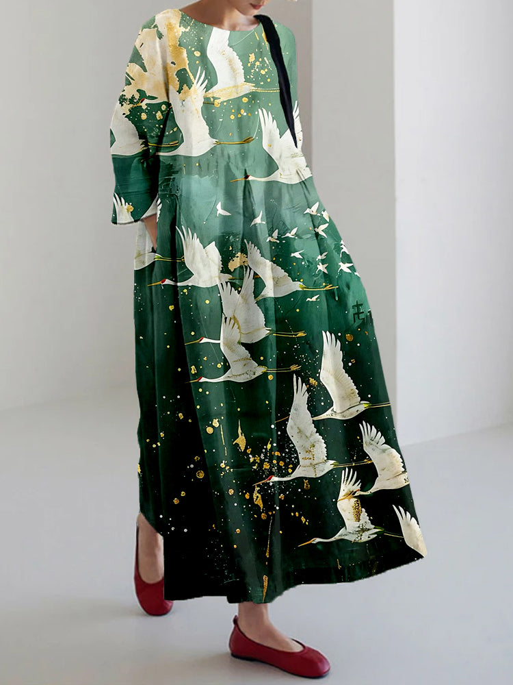 Comstylish Vintage Crane Art Pattern Linen Blend Maxi Dress