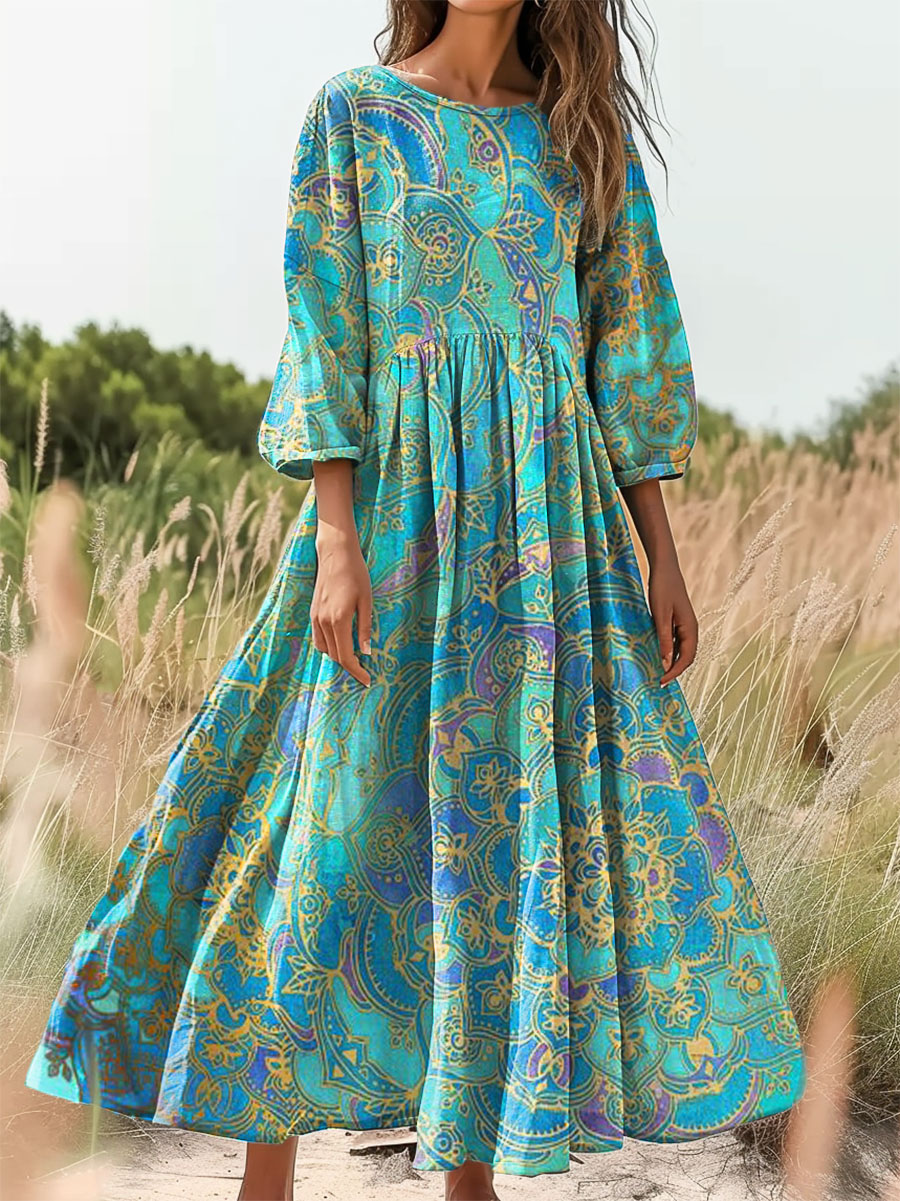 Women's Ethnic Totem Print Flowing Round Neck Pocket Cotton Dress