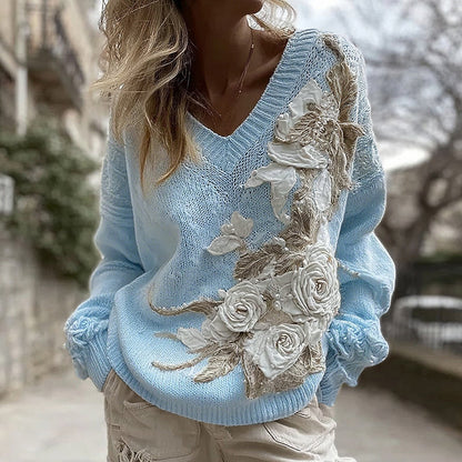 Women's White Rose Knitted Warm V-neck Sweater artswardrobe