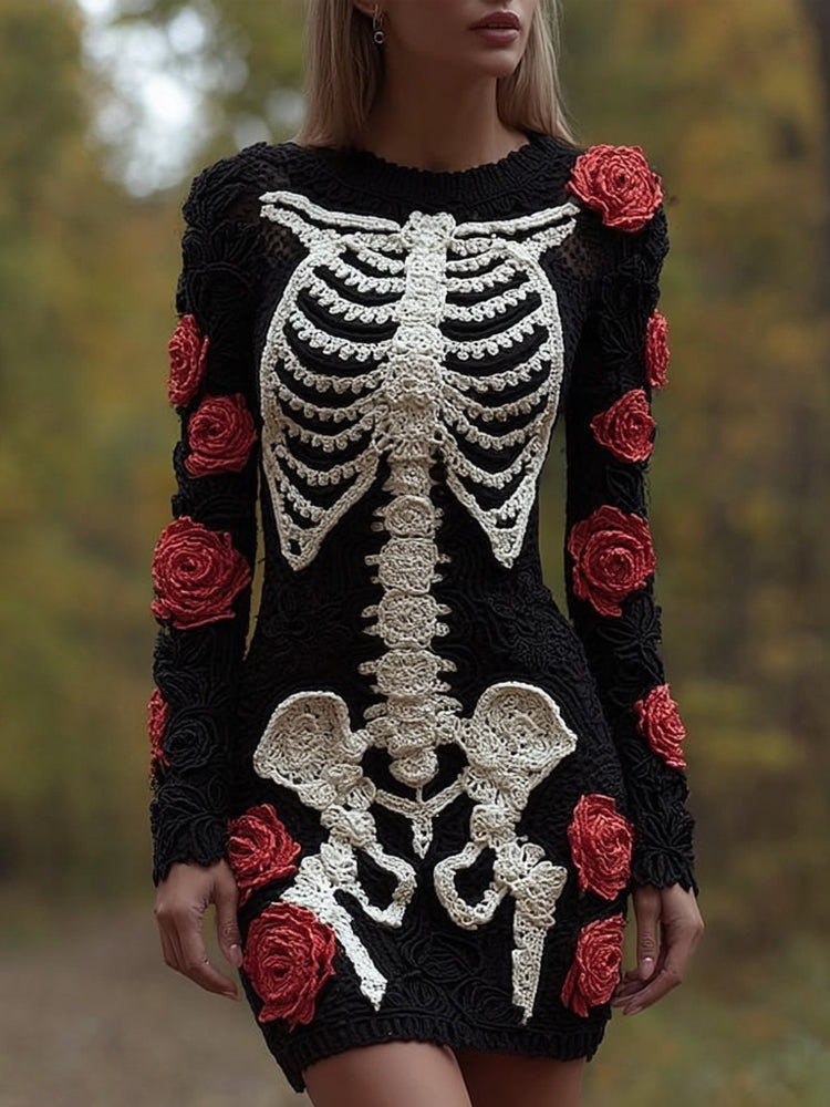 Classy Skeleton Roses Crochet Art Sweater Dress artswardrobe