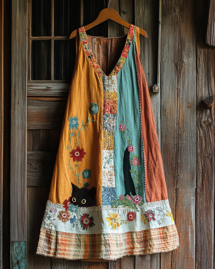 Vintage Black Cat And Patchwork Linen Tank Dress elevenforest